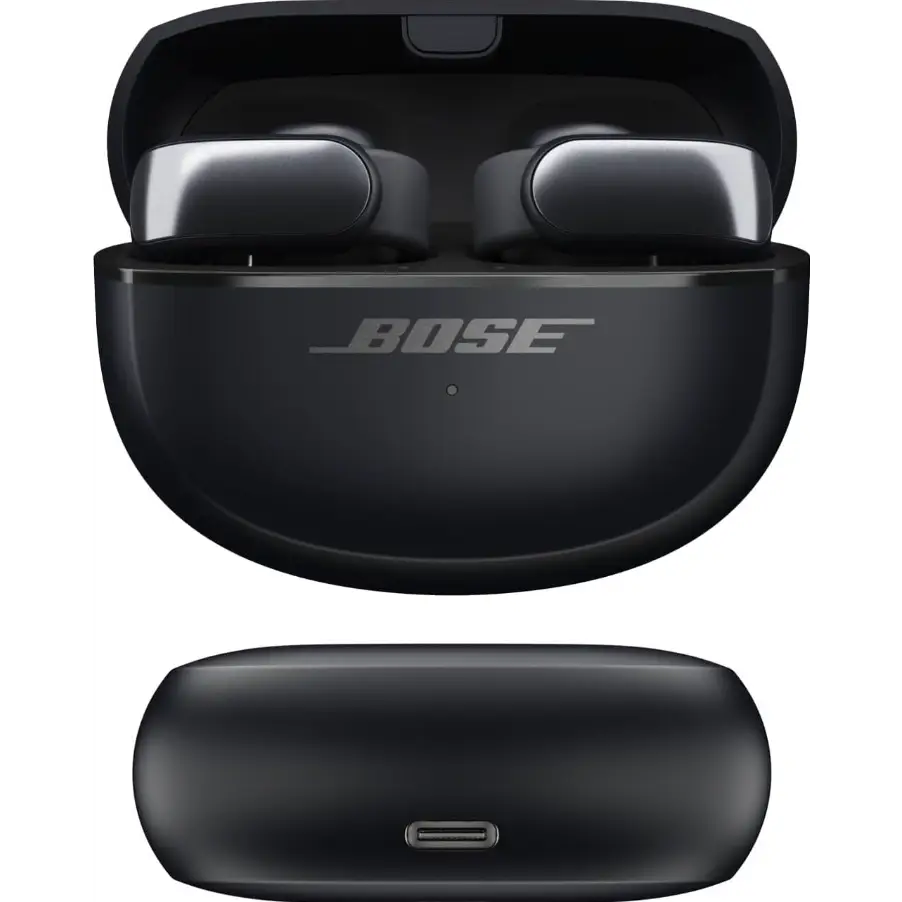 Black wireless earbuds and charging case for Bose Ultra Open Ear Headphones