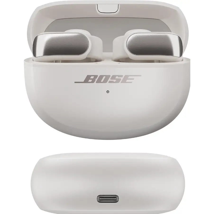 White wireless earbuds and charging case from Bose Ultra Headphones with ultra open ear design
