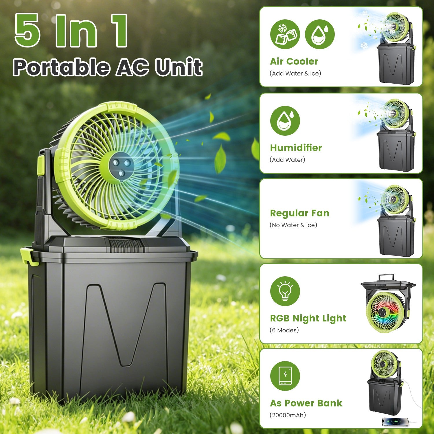 5-in-1 Portable Misting Fan with 10L Water Bucket & Power Bank
