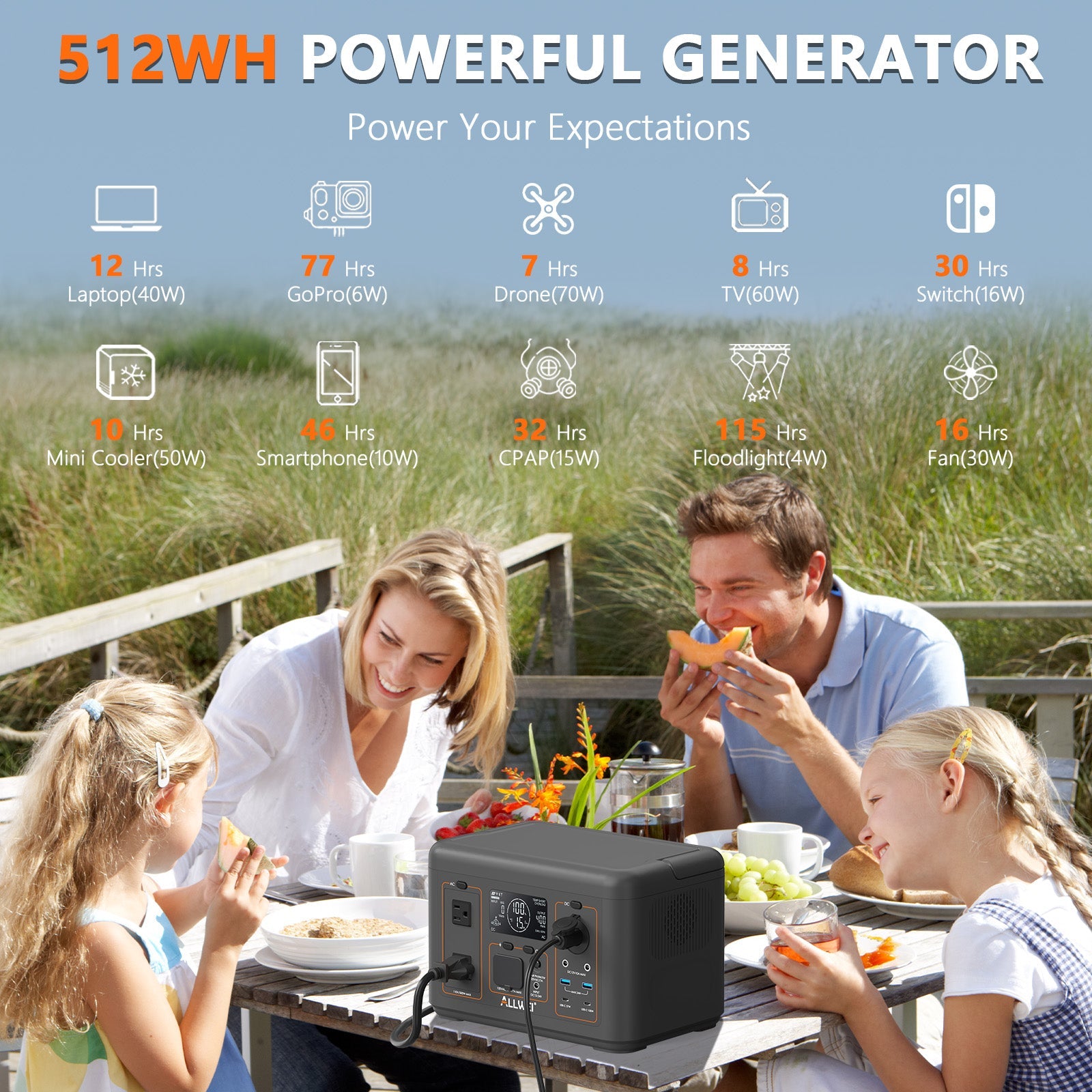 Portable Power Station 500W 512Wh LiFePO4 — 3 AC Outlets, Solar Ready, UPS Function