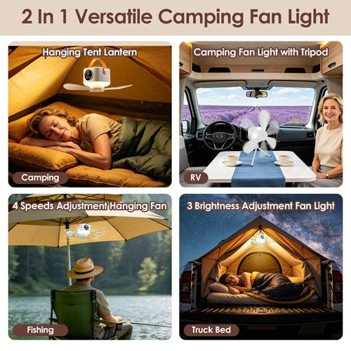 3-in-1 Camping Tent Fan with LED Light — 7200mAh Rechargeable, Tripod Stand Included
