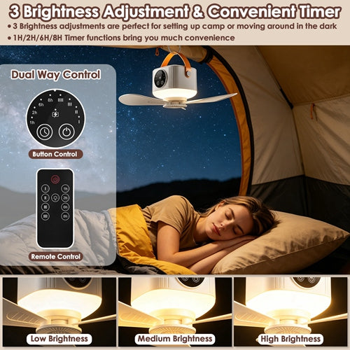 3-in-1 Camping Tent Fan with LED Light — 7200mAh Rechargeable, Tripod Stand Included