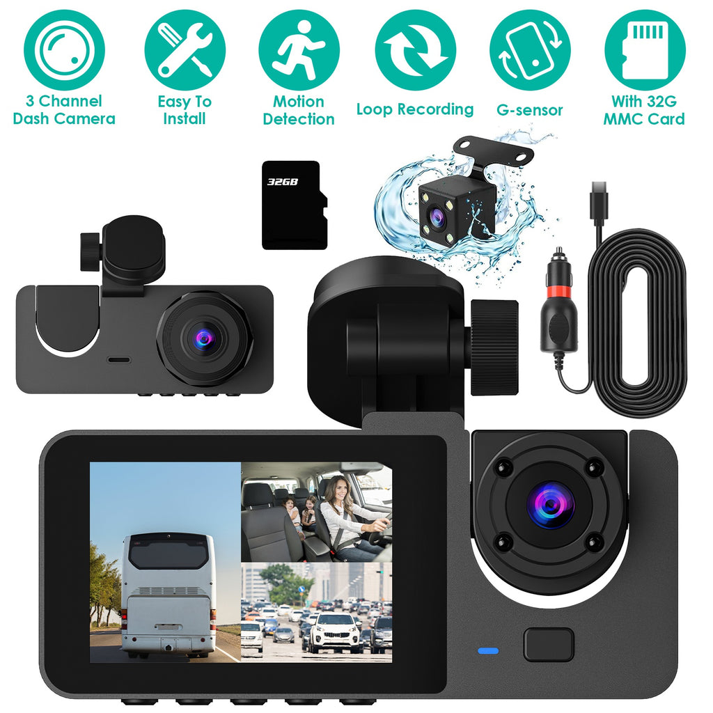 3 Channel Dash Cam Front Inside Rear Vehicle Driving