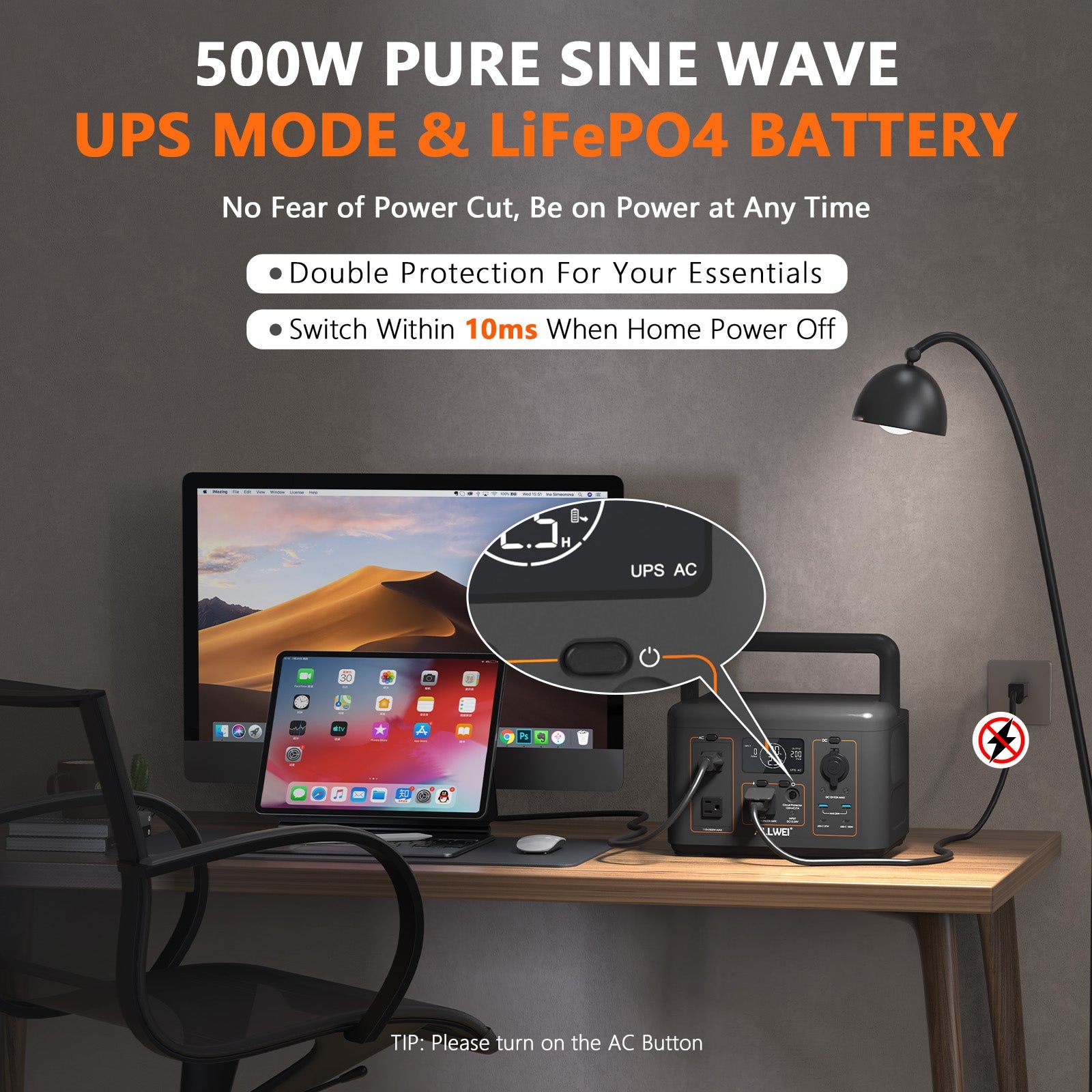 Portable Power Station 500W 512Wh LiFePO4 — 3 AC Outlets, Solar Ready, UPS Function