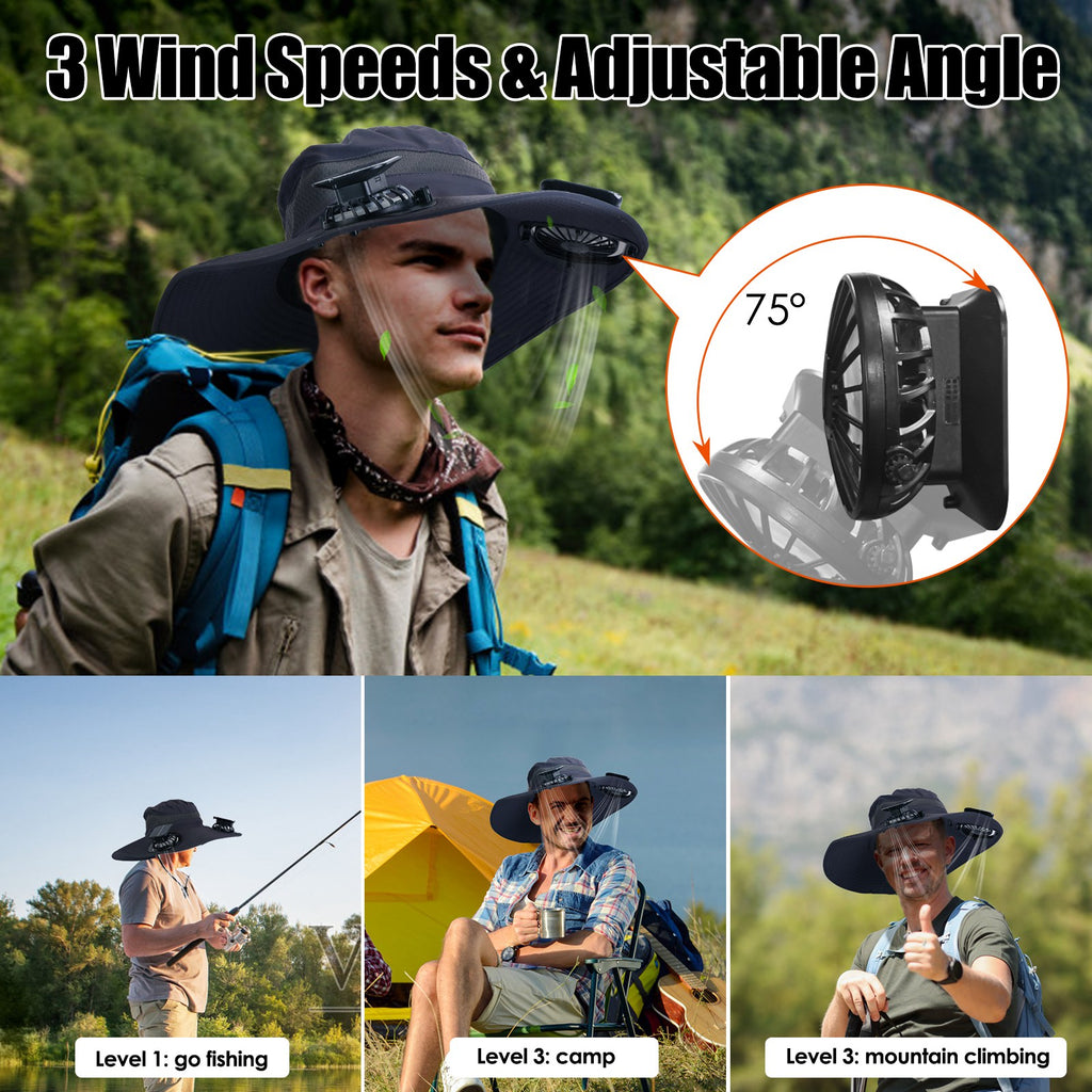 Wide Brim Sun Hat with Solar-Powered Rechargeable Fans