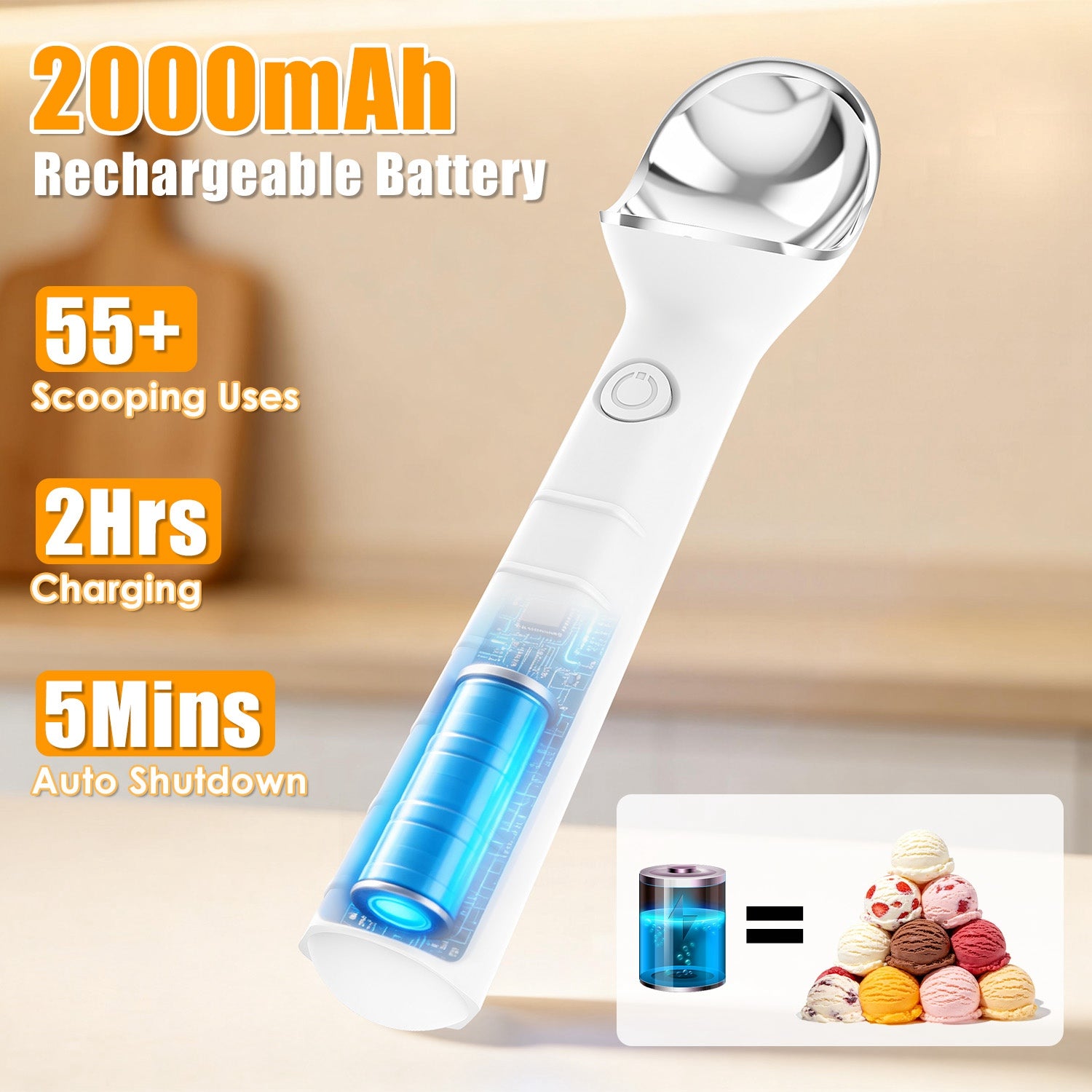 Electric Heated Ice Cream Scoop — Rechargeable, IP66 Waterproof, Heats in 45 Sec
