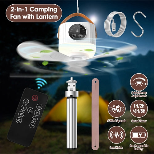3-in-1 Camping Tent Fan with LED Light — 7200mAh Rechargeable, Tripod Stand Included