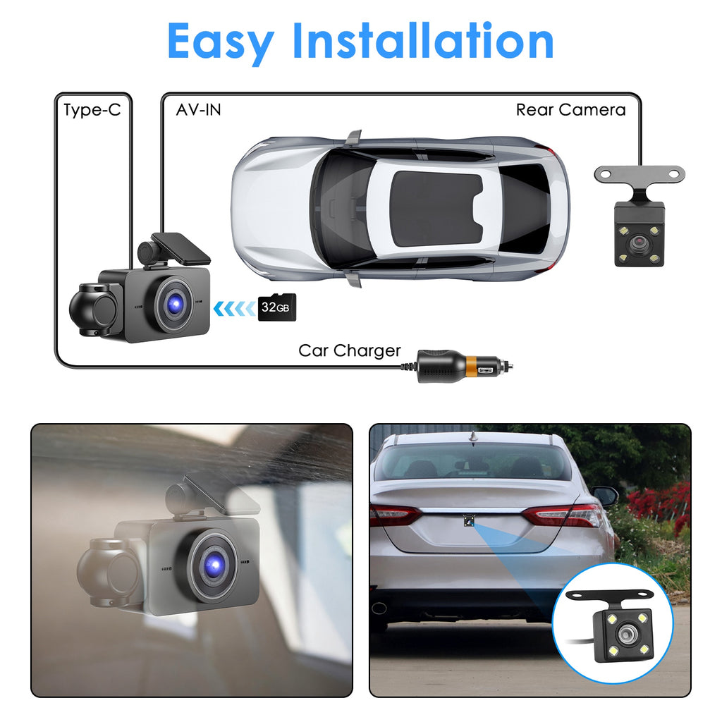 WiFi FHD 1080P 3 Channel Car Dash Cam Front