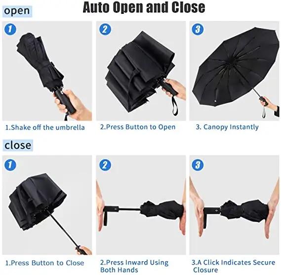 Fully Automatic Travel Umbrella — Windproof 12-Rib, One-Button Open/Close, UV Protection