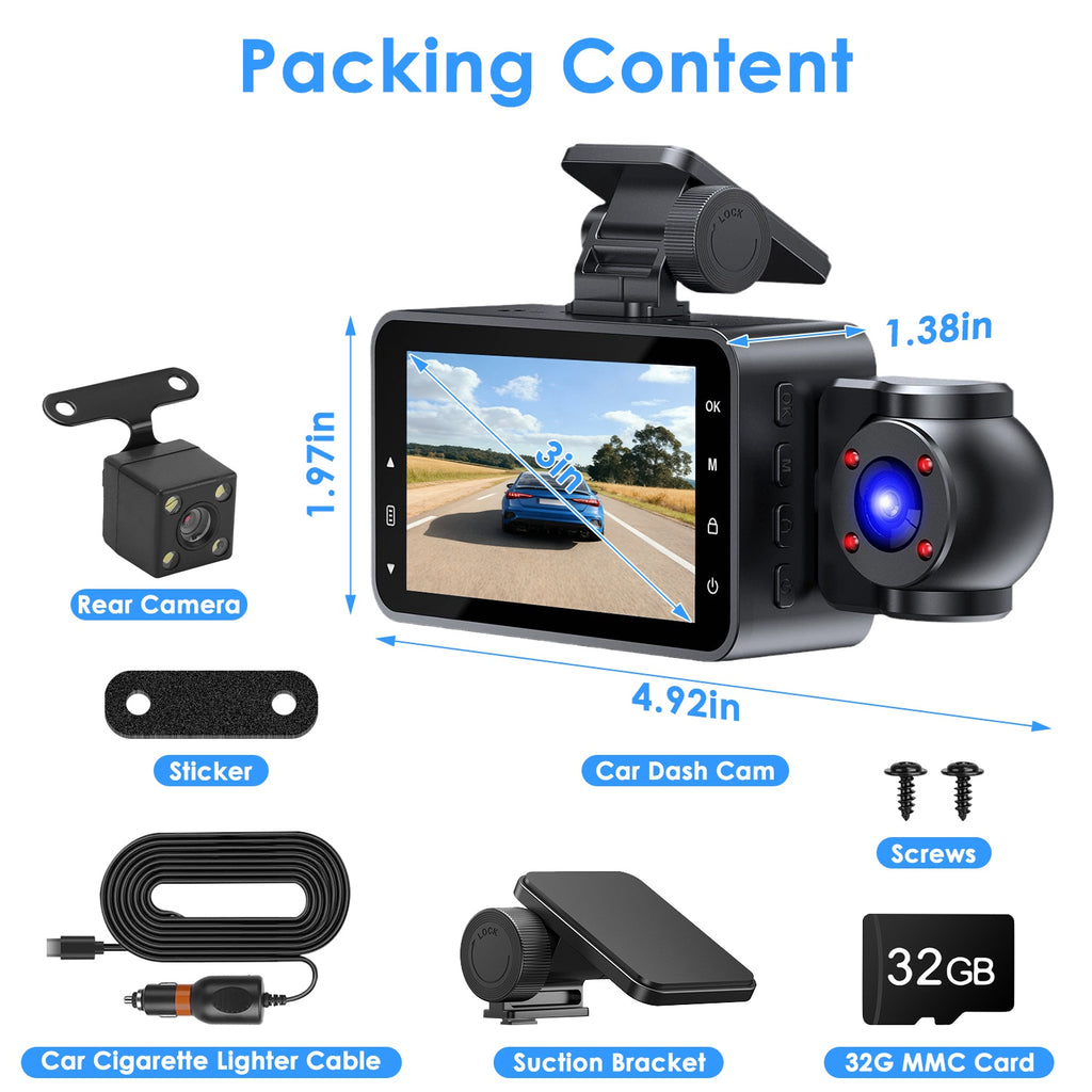 WiFi FHD 1080P 3 Channel Car Dash Cam Front