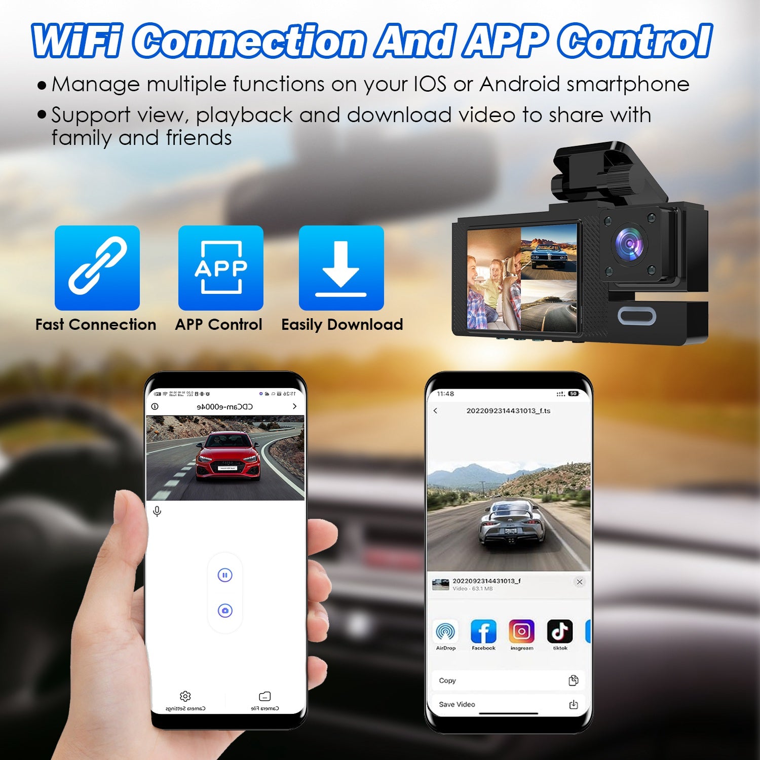 1Pc WiFi FHD 1080P Car Dash Cam 3 Channels
