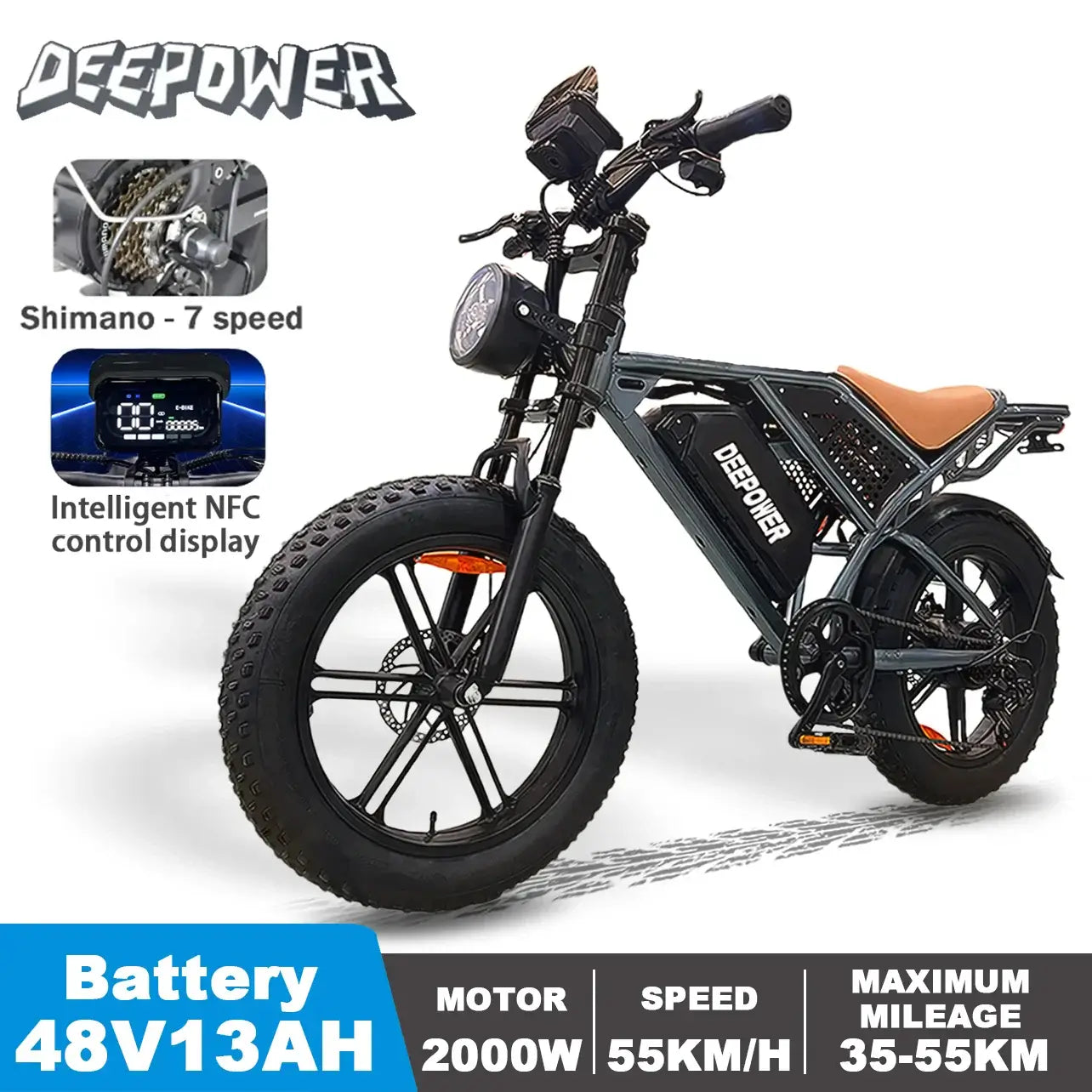 DEEPOWER DP-SQ7 | 2000W Off-Road Electric Bike – 55KM/H, 48V Lithium Battery, Full Suspension