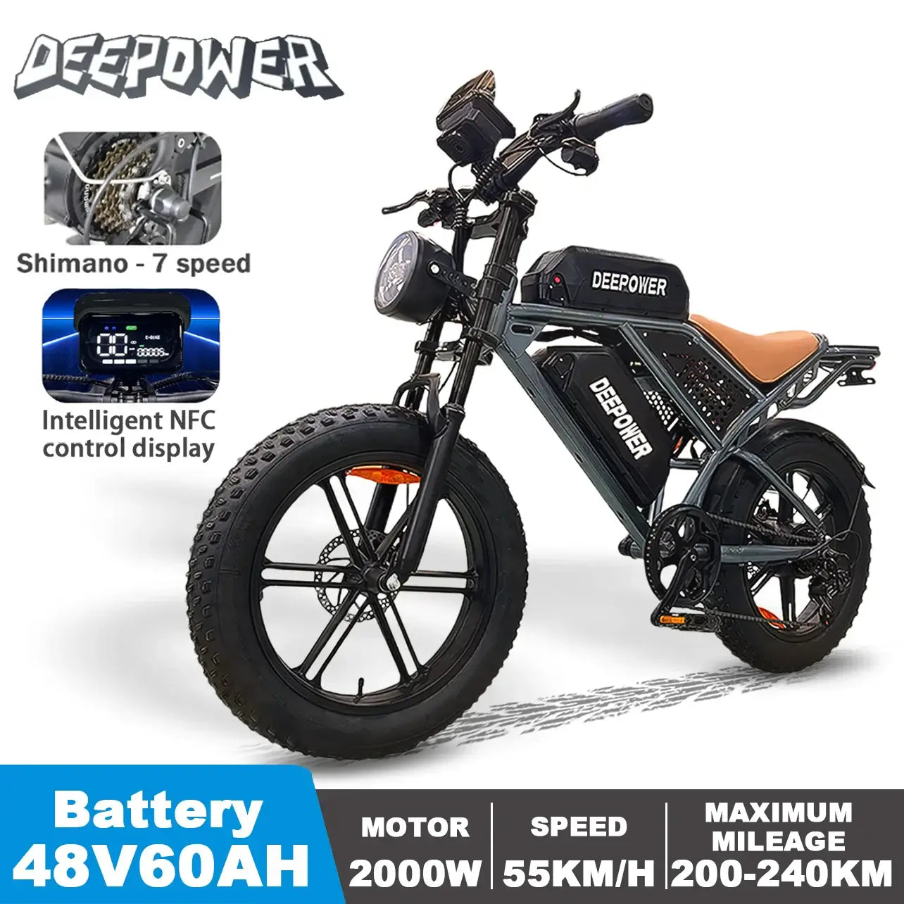 DEEPOWER DP-SQ7 | 2000W Off-Road Electric Bike – 55KM/H, 48V Lithium Battery, Full Suspension