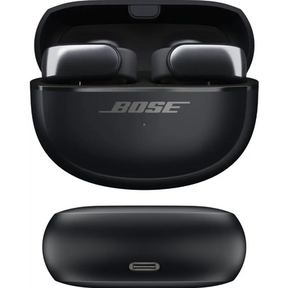 Black wireless earbuds and charging case for Bose Ultra Open Ear Headphones