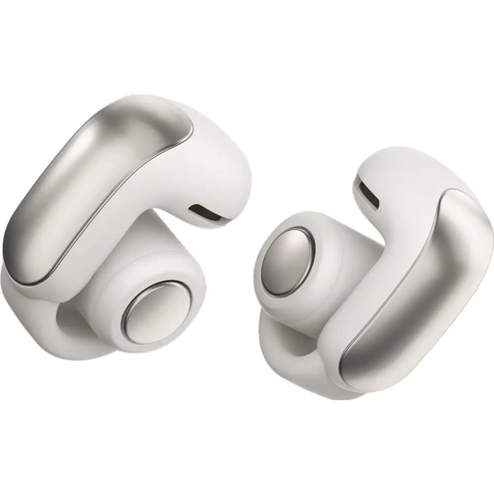 White and silver wireless earbuds from Bose Ultra Headphones featuring ultra open ear design