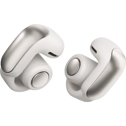 White and silver wireless earbuds from Bose Ultra Headphones featuring ultra open ear design