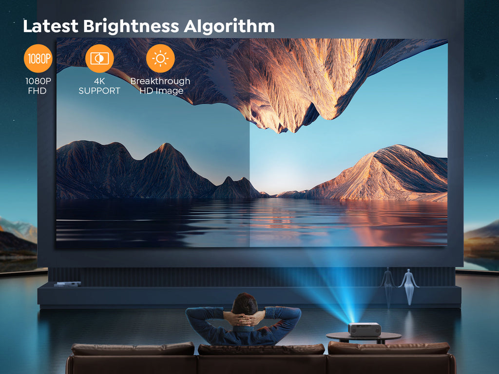 4K Home Theater Projector — Native 1080P, WiFi 6, Bluetooth 5.2, 500 ANSI Lumens