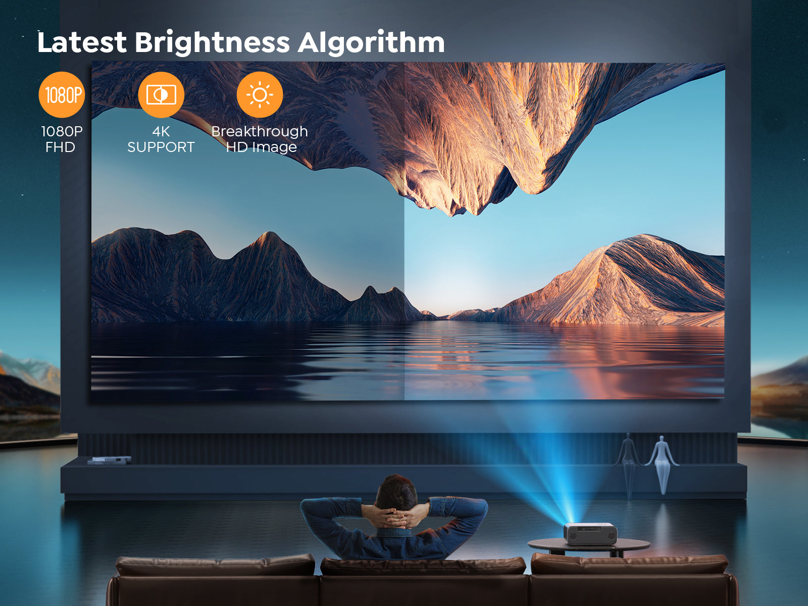 4K Home Theater Projector — Native 1080P, WiFi 6, Bluetooth 5.2, 500 ANSI Lumens