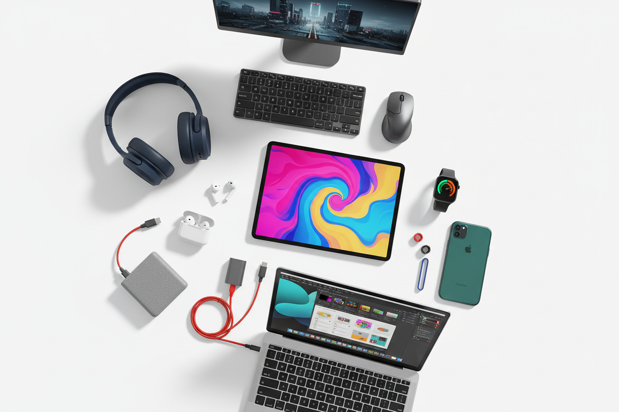 Create a website with a 1920:1080 HD photo featuring objects like an iPad, smartwatch, PC, MacBook, headphones, and various other positive gifts, and make it fun to read.
