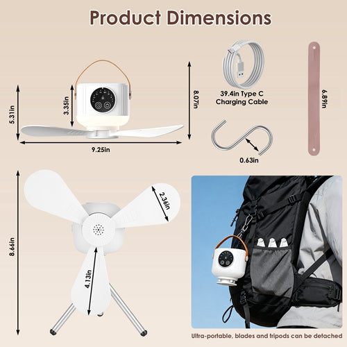 3-in-1 Camping Tent Fan with LED Light — 7200mAh Rechargeable, Tripod Stand Included