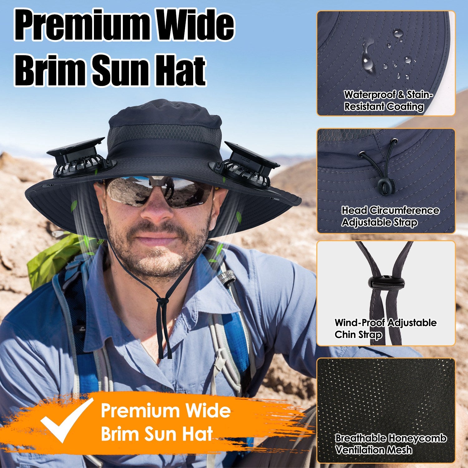 Wide Brim Sun Hat with Solar-Powered Rechargeable Fans