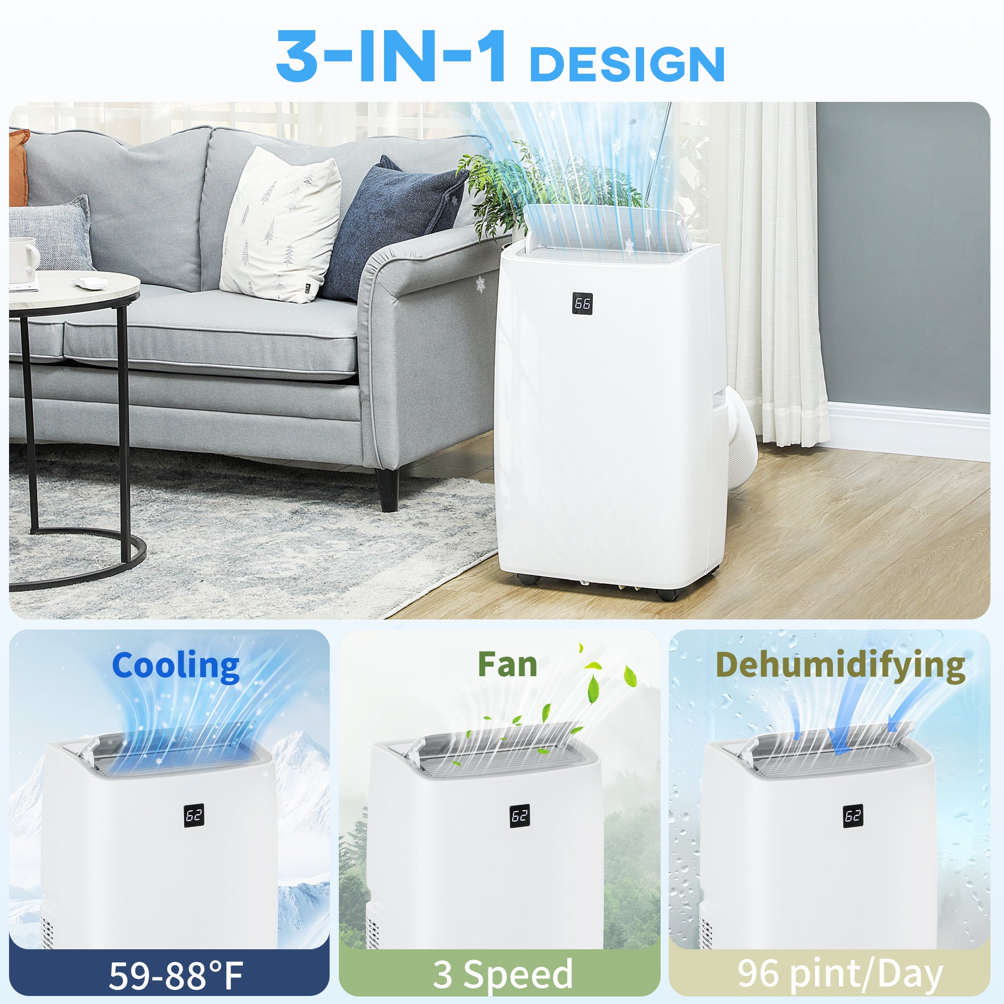 14,000 BTU Portable Air Conditioner — Large Room AC with Dehumidifier