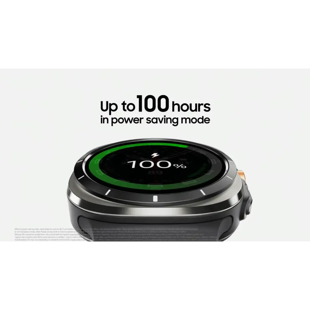 Galaxy Watch Ultra displaying 100 percent charge on its screen in a product image