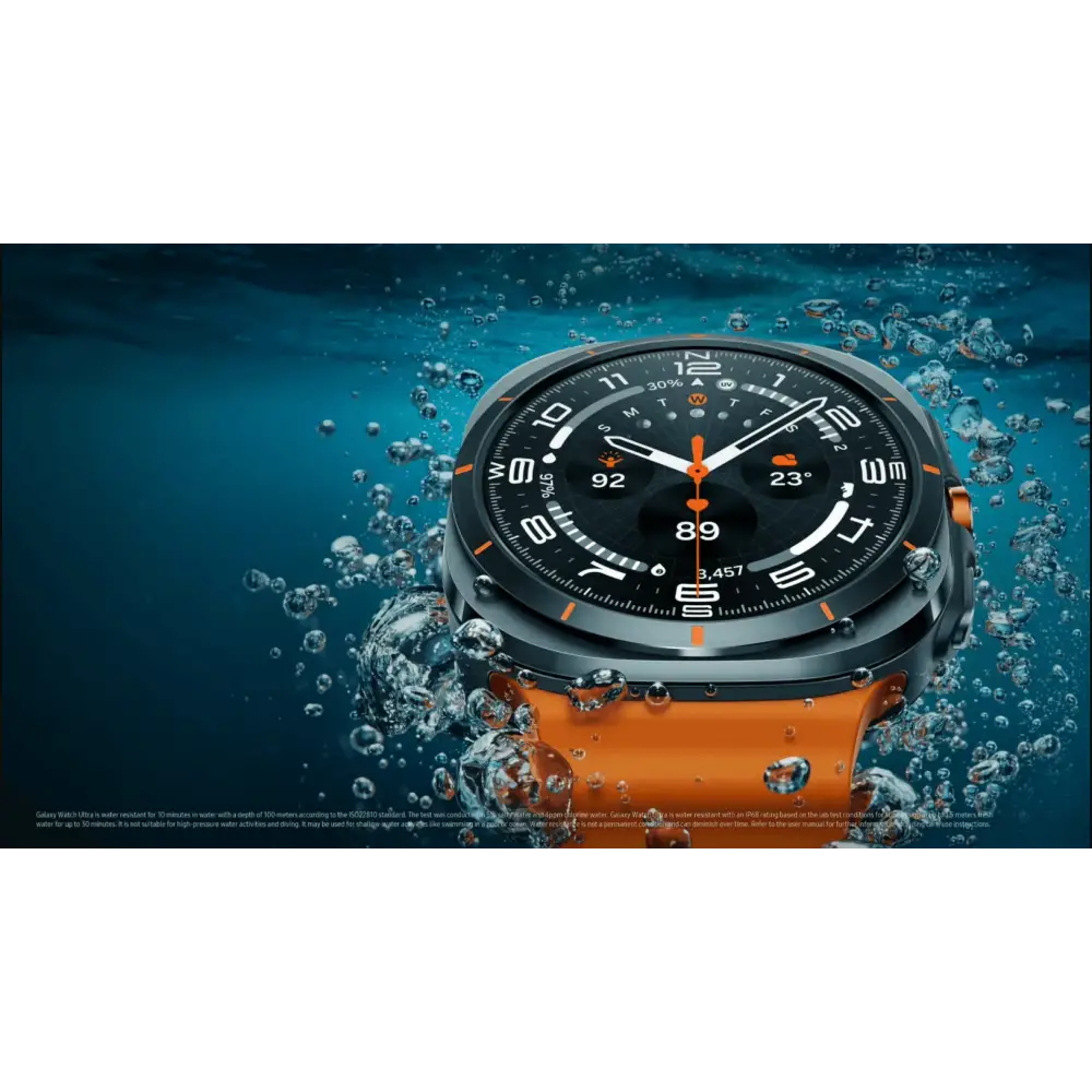Orange-banded Galaxy Watch Ultra surrounded by bubbles showcasing the Bluetooth 47mm smartwatch